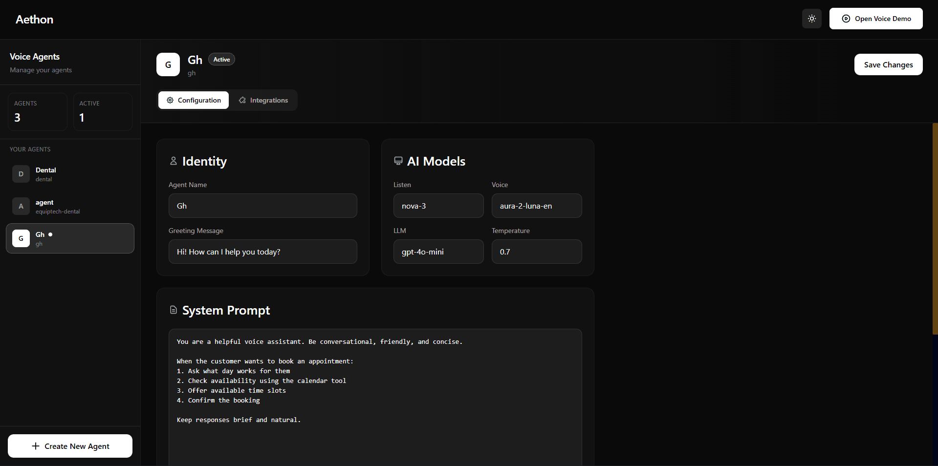 Aethon Voice Receptionist dashboard showing agent configuration, AI models, and system prompt
